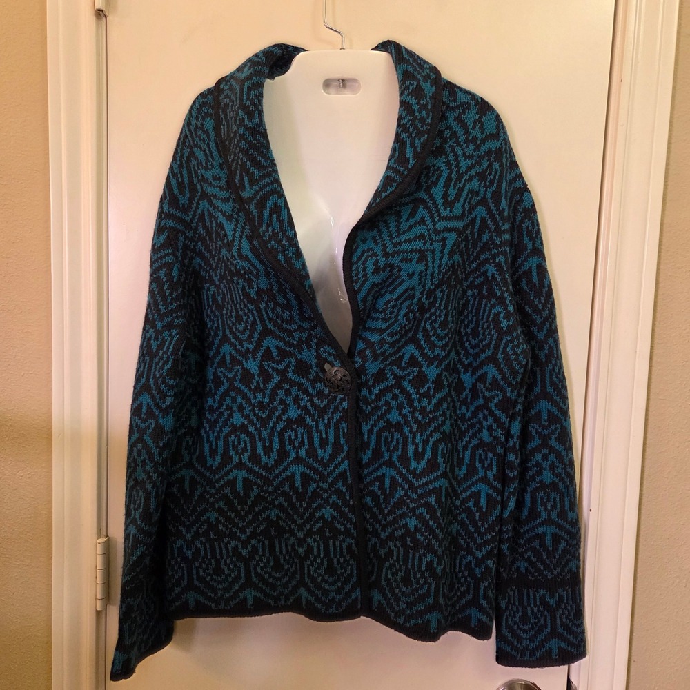 Chico's Teal Black Geometric Wool Angora Blend Shawl Collar Cardigan Size 1 M